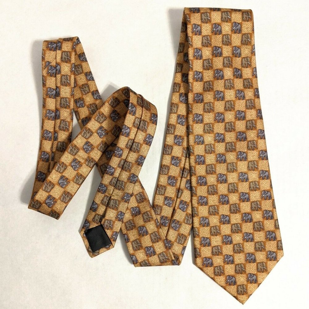 Jim Thompson Tie Elephants Animal Tan Gray Necktie